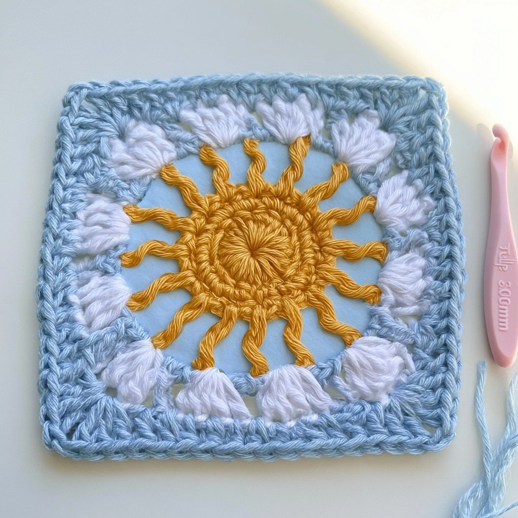 Crochet a Sacred Sun and Cloud Granny Square - finished dish