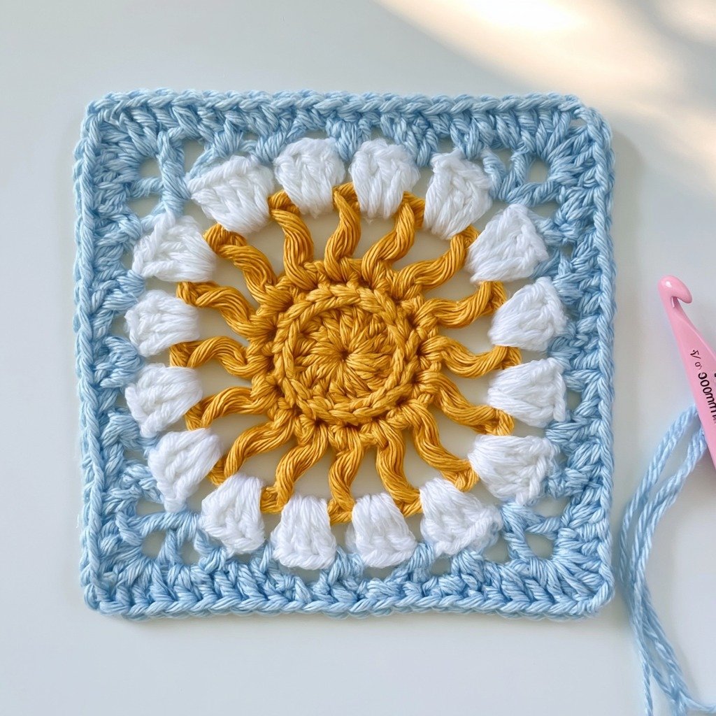 Crochet a Sacred Sun and Cloud Granny Square - step by step