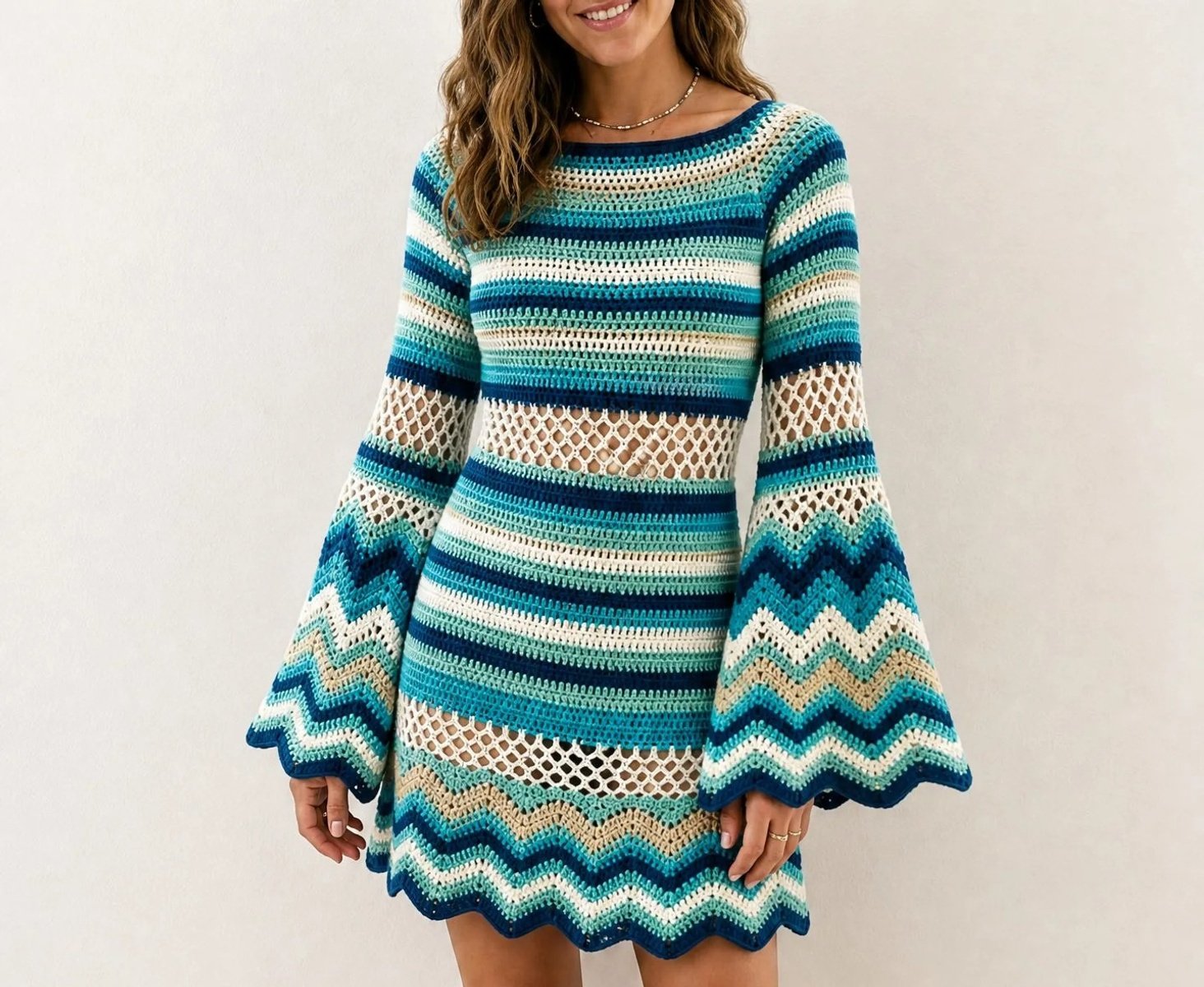 Coastal Blue Bell Sleeve Crochet Dress Pattern - finished dish