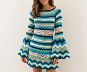 Coastal Blue Bell Sleeve Crochet Dress Pattern